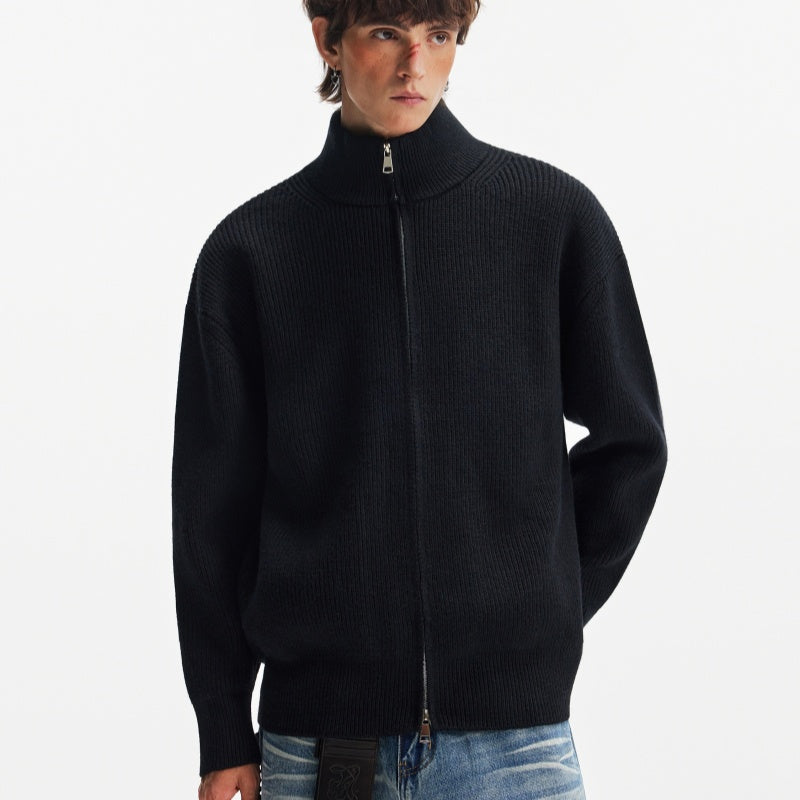 Double Zipper Heavy Stand Collar Cardigan Sweater Winter Solid Color Coat