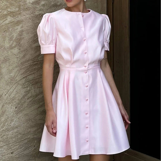 Round Neck Puff Sleeve Short Sleeve Pleated Waist Tight Pearl Buckle A- Line Mid-length Formal Dress