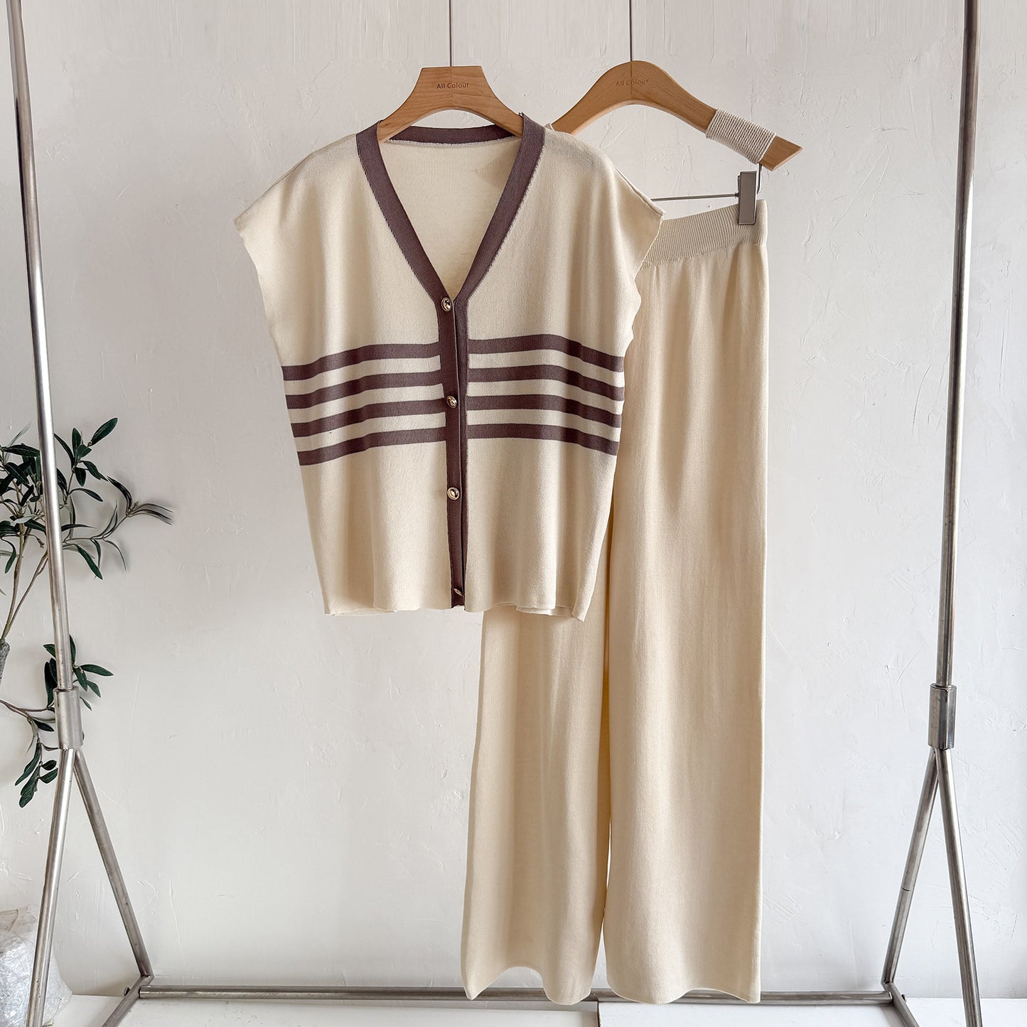 Korean-style Wide-leg Pants Set Casual, Laid-back Knit Two-piece For Women