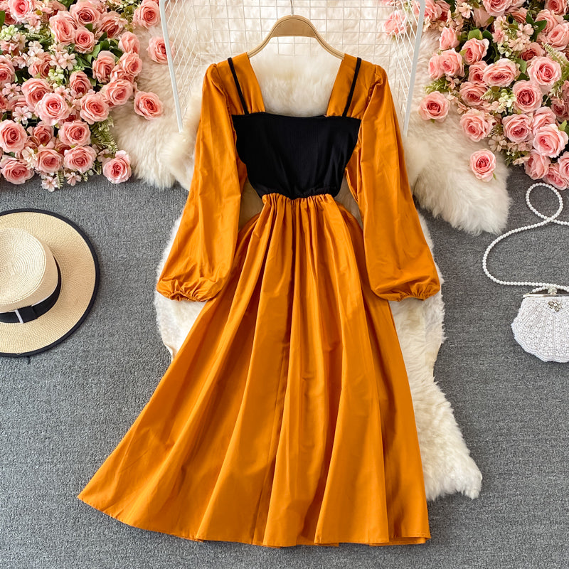 Colorblock Square Neck Puff Sleeve Midi Dress