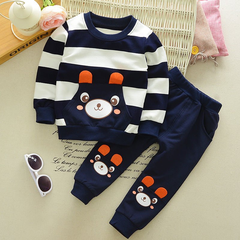Children's Clothing Suit Boys And Girls Virgin Baby Cartoon Bear Striped Sweater Suit Children - Eshtree