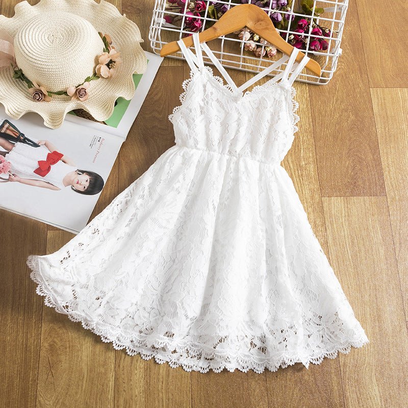 Children's Embroidered Skirt Lace Dress With Suspenders And Beautiful Back - Eshtree