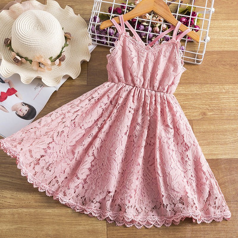 Children's Embroidered Skirt Lace Dress With Suspenders And Beautiful Back - Eshtree