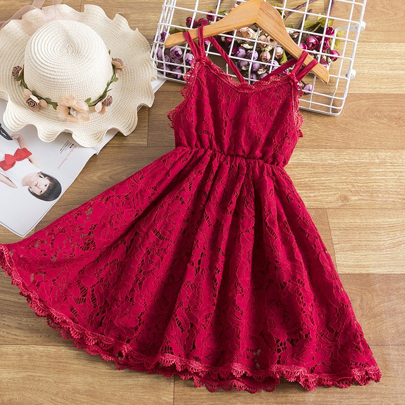 Children's Embroidered Skirt Lace Dress With Suspenders And Beautiful Back - Eshtree