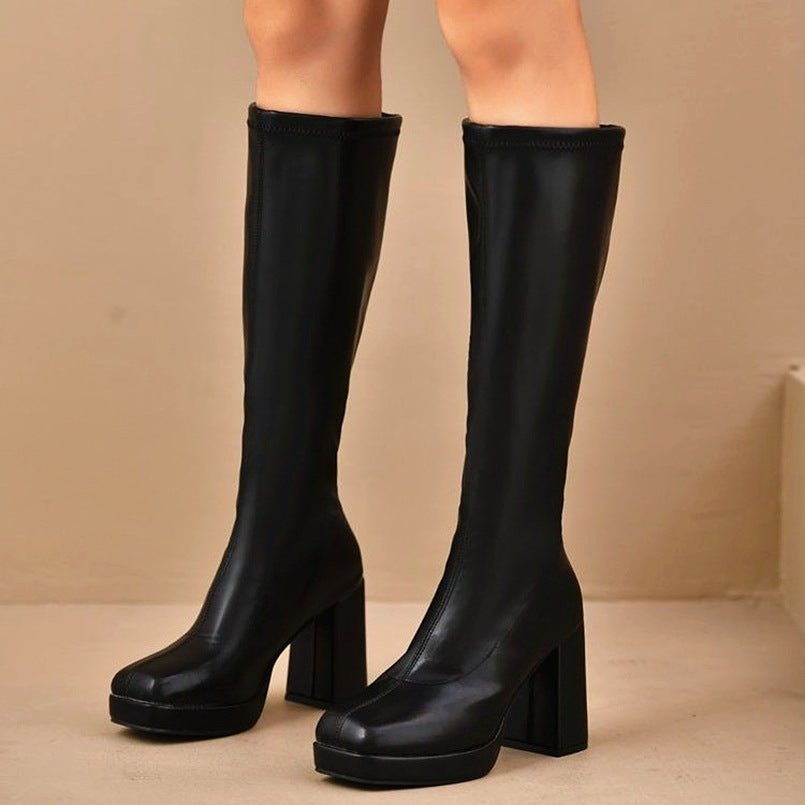 Chunky - Heeled Slimming Plus - Size Womens Leather Boots With Round Toes And Tall Shafts - Eshtree