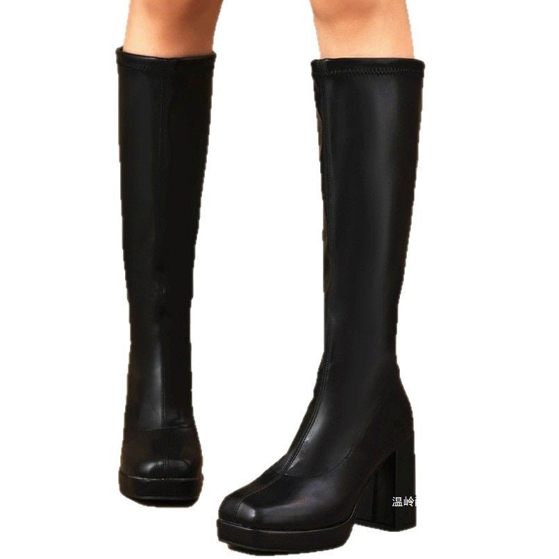 Chunky - Heeled Slimming Plus - Size Womens Leather Boots With Round Toes And Tall Shafts - Eshtree