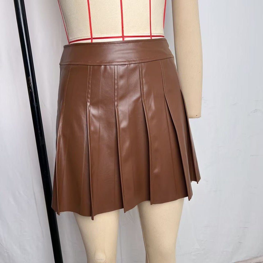 Coffee - colored PU Leather Skirt Short Skirt Spicy Girls Pleated Skirt - Eshtree