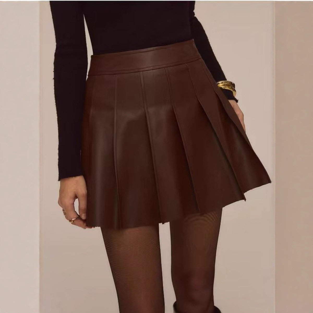 Coffee - colored PU Leather Skirt Short Skirt Spicy Girls Pleated Skirt - Eshtree