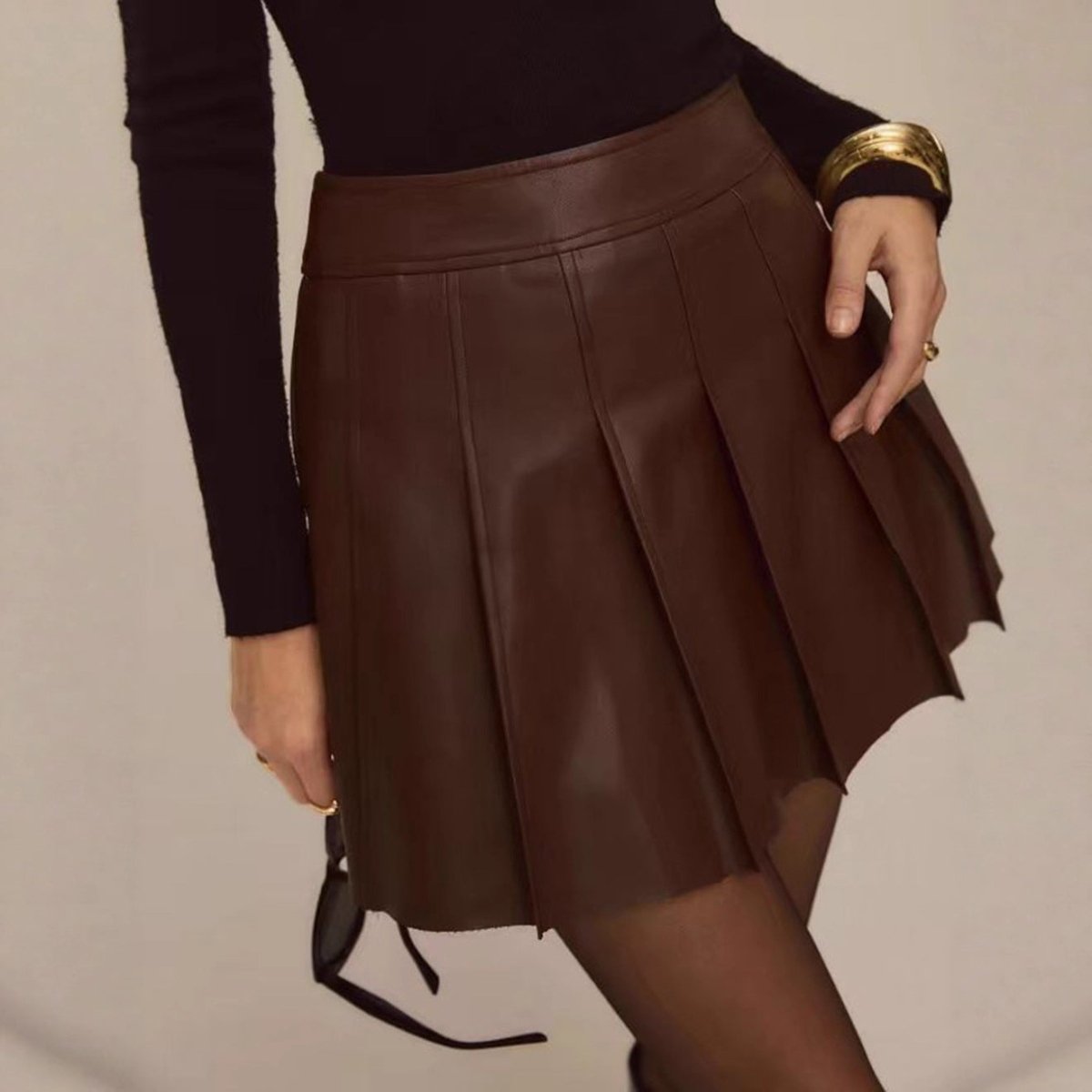 Coffee - colored PU Leather Skirt Short Skirt Spicy Girls Pleated Skirt - Eshtree