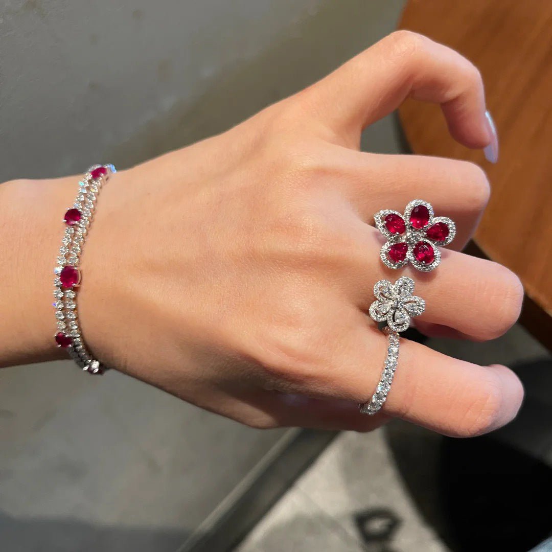 Colorful Bright Crimson Gemstone Flower Grape Purple Zircon Shining Diamond Flower Ring - Eshtree
