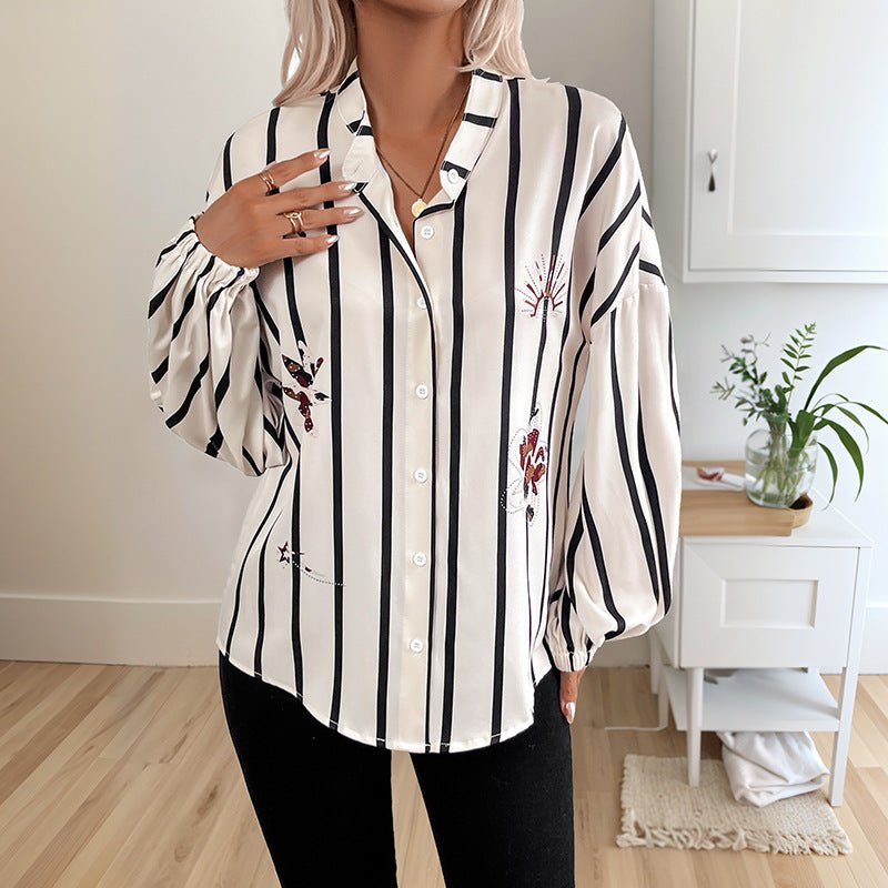 Commuter - style Single - breasted Striped Lapel Shirt - Eshtree