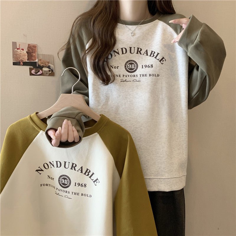 Contrast Color Raglan Long Sleeve Hooded Printed Women - Eshtree