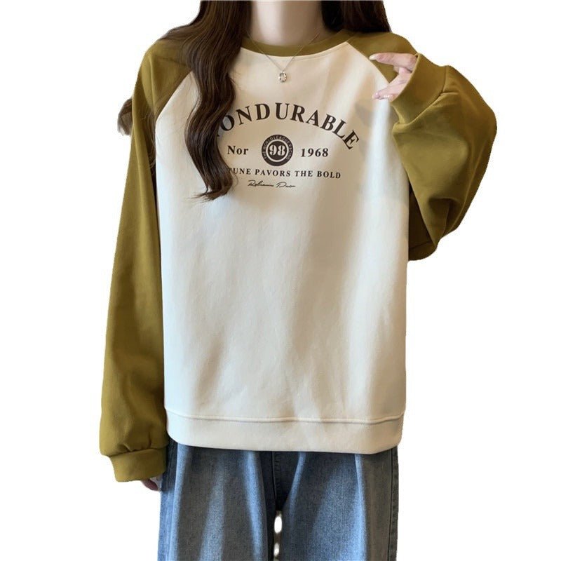 Contrast Color Raglan Long Sleeve Hooded Printed Women - Eshtree
