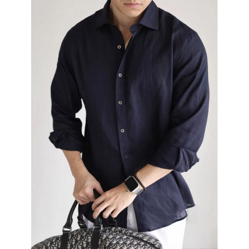 Cotton Linen Blended Yarn - dyed Long - sleeved Casual Business Style Solid Color Shirt - Eshtree