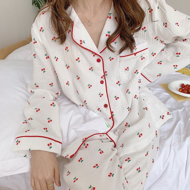 Cotton Yarn Hemming Long - sleeved Trousers Homewear Pajamas Suit - Eshtree