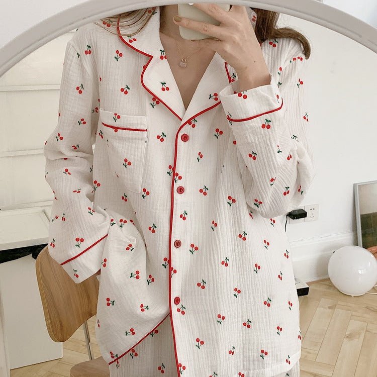 Cotton Yarn Hemming Long - sleeved Trousers Homewear Pajamas Suit - Eshtree
