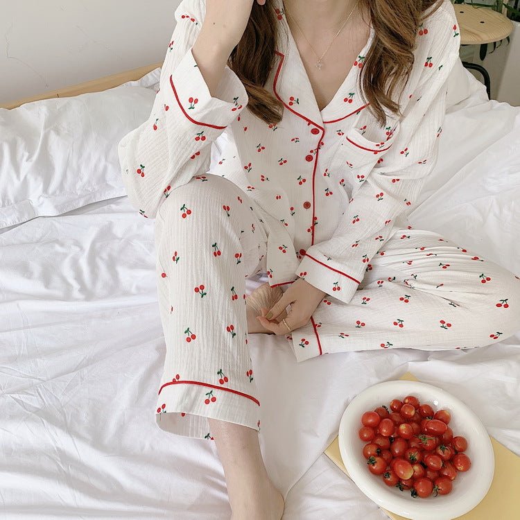 Cotton Yarn Hemming Long - sleeved Trousers Homewear Pajamas Suit - Eshtree