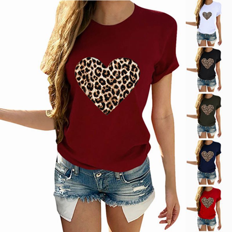 Cross - border Exclusively For Amazon Hot - selling Hot - selling Ladies Tops Leopard Print Love Round Neck Short - sleeved T-shirt - Eshtree