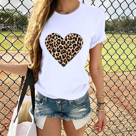 Cross - border Exclusively For Amazon Hot - selling Hot - selling Ladies Tops Leopard Print Love Round Neck Short - sleeved T-shirt - Eshtree