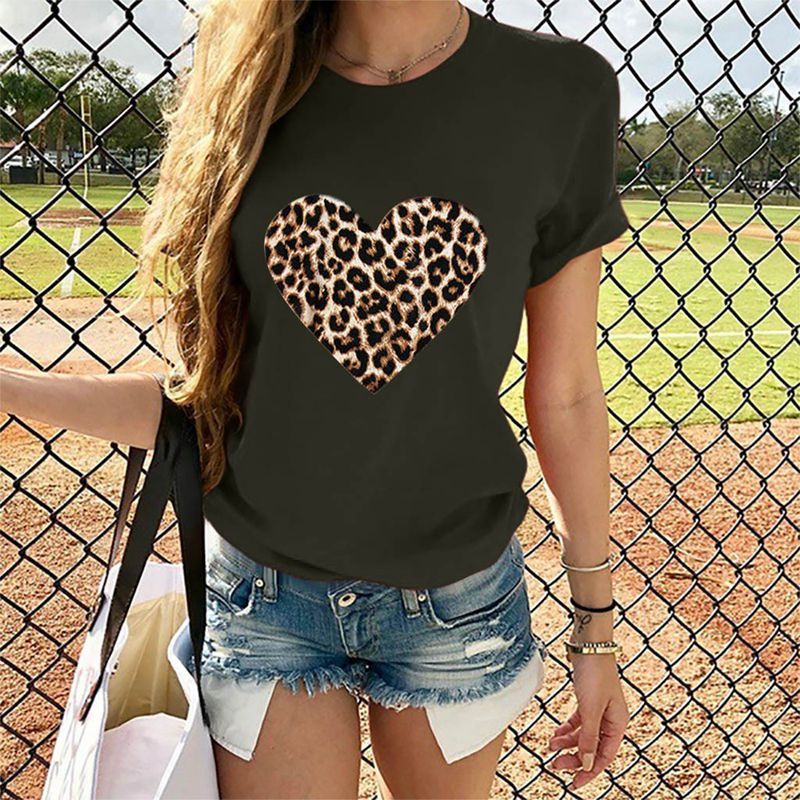 Cross - border Exclusively For Amazon Hot - selling Hot - selling Ladies Tops Leopard Print Love Round Neck Short - sleeved T-shirt - Eshtree