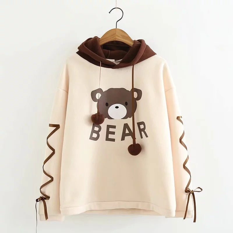 Cute Cartoon Bear Print Plus Velvet Loose Hooded Long Sleeved Sweater Women - Eshtree