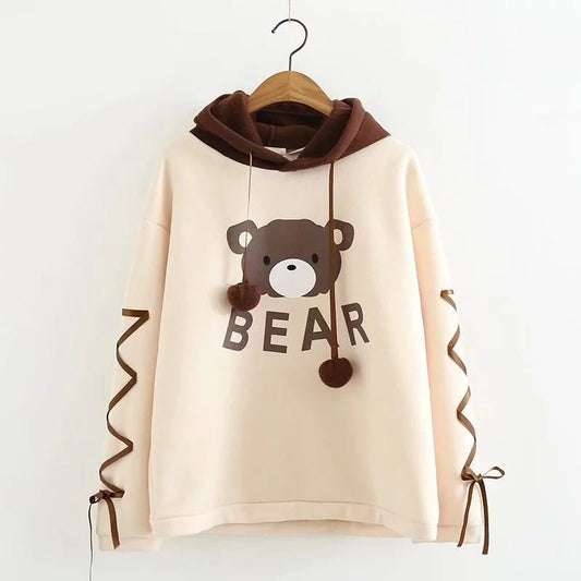Cute Cartoon Bear Print Plus Velvet Loose Hooded Long Sleeved Sweater Women - Eshtree