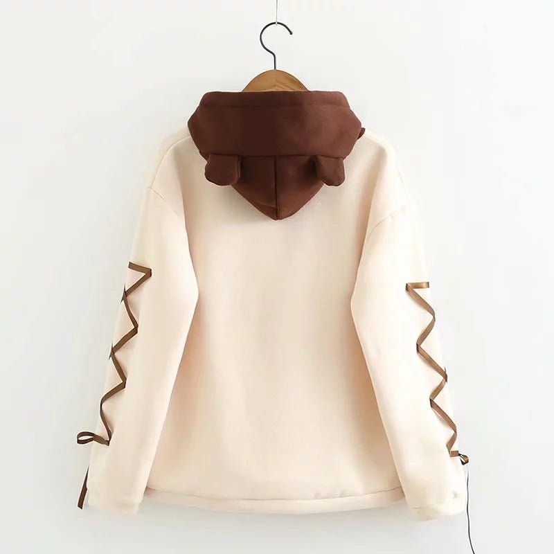 Cute Cartoon Bear Print Plus Velvet Loose Hooded Long Sleeved Sweater Women - Eshtree