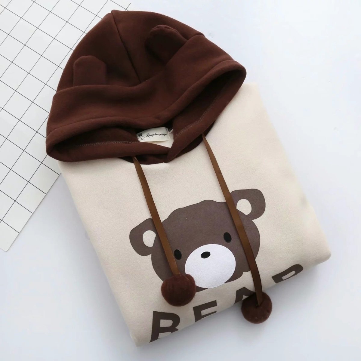 Cute Cartoon Bear Print Plus Velvet Loose Hooded Long Sleeved Sweater Women - Eshtree