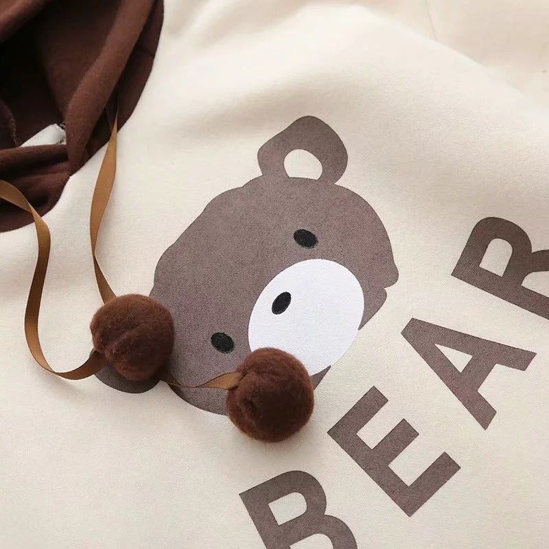 Cute Cartoon Bear Print Plus Velvet Loose Hooded Long Sleeved Sweater Women - Eshtree