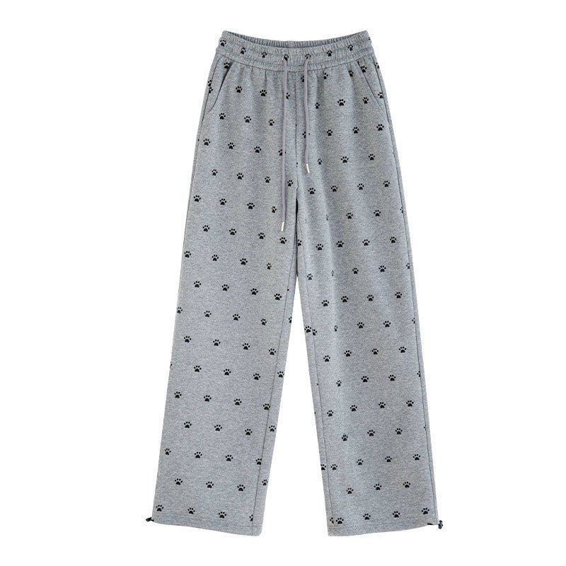 High-Street American-Style Floral Dog Paw Print Casual Pants For Women