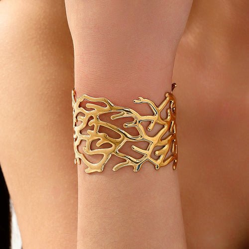 Wide Stainless Steel Adjustable Exaggerated High-grade Golden Open-End Flower Leaf Bracelet
