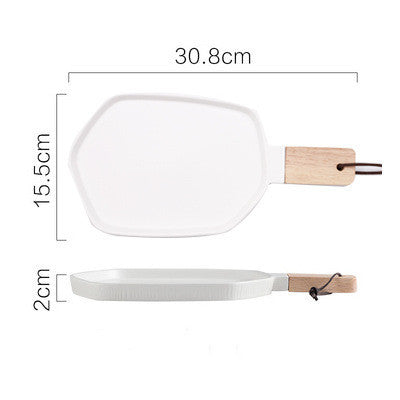 Nordic Creative Ceramic Western Food Plate With Wooden Handle