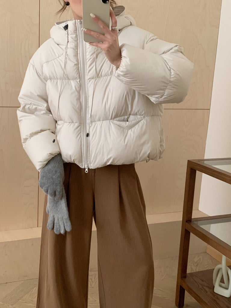 White Duck Down Puff Fluffy Hooded Down Jacket
