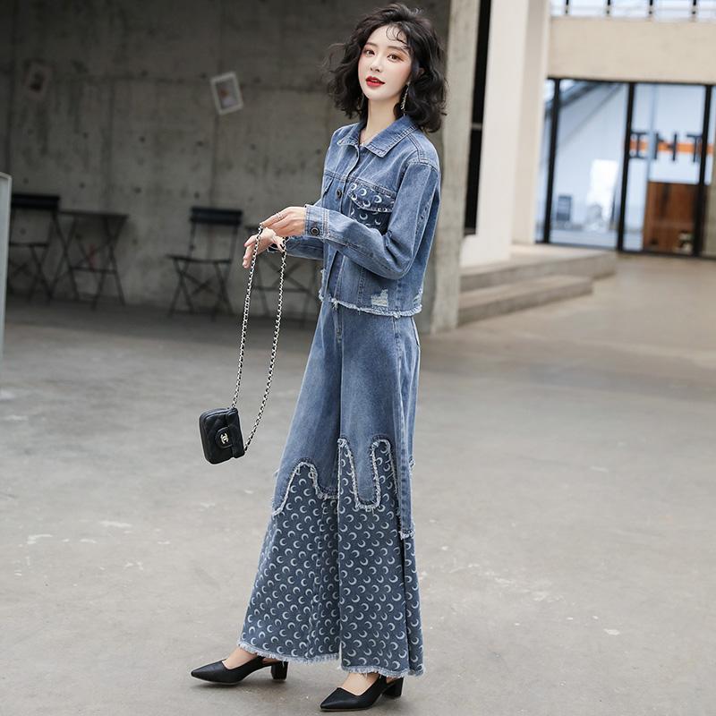 Denim Wide Leg Pants Suit Women Loose Plus Size Fashion Short Coat