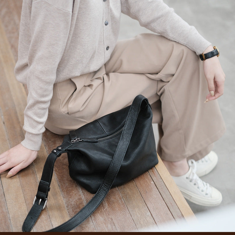 Genuine Leather Single Shoulder Dumpling Bag Japanese Women Wide Strap