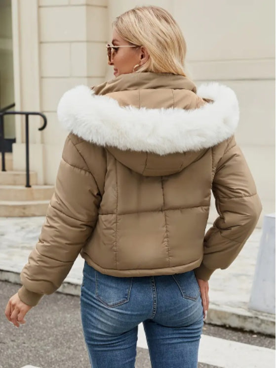 Women's Chic Mint Green Puffer Jacket With Faux Fur Trim Hood