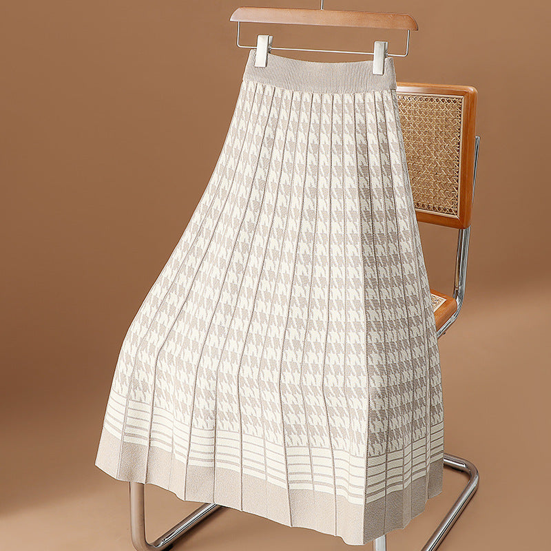 Houndstooth Knit Skirt For Women FallWinter High-Waisted