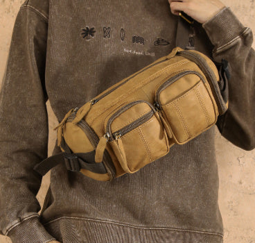 حقيبة كتف رجالية عتيقة من الجلد الطبيعي، متعددة الوظائف، ذات سعة كبيرة، قابلة للسحب على الكتف