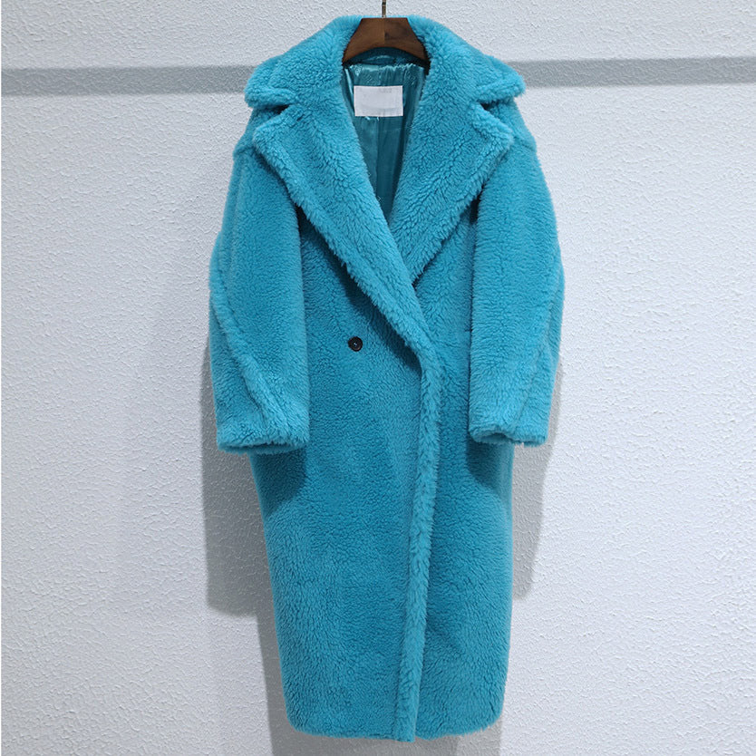 Women's Long Pink Wool Alpaca Fleecefiber Fur Coat