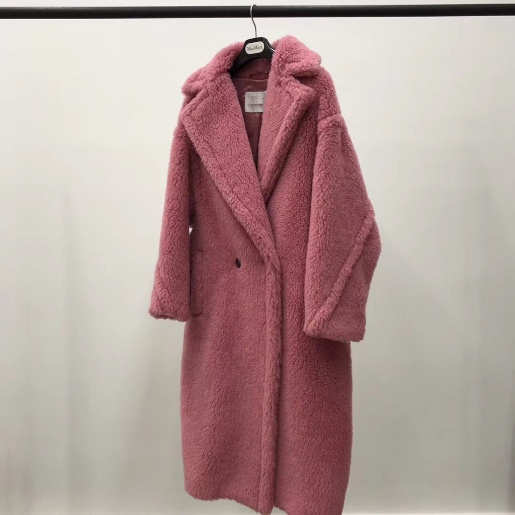 Women's Long Pink Wool Alpaca Fleecefiber Fur Coat