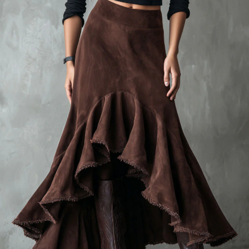 Western Brown High-Low Eco Suede Ruffle Maxi Skirt
