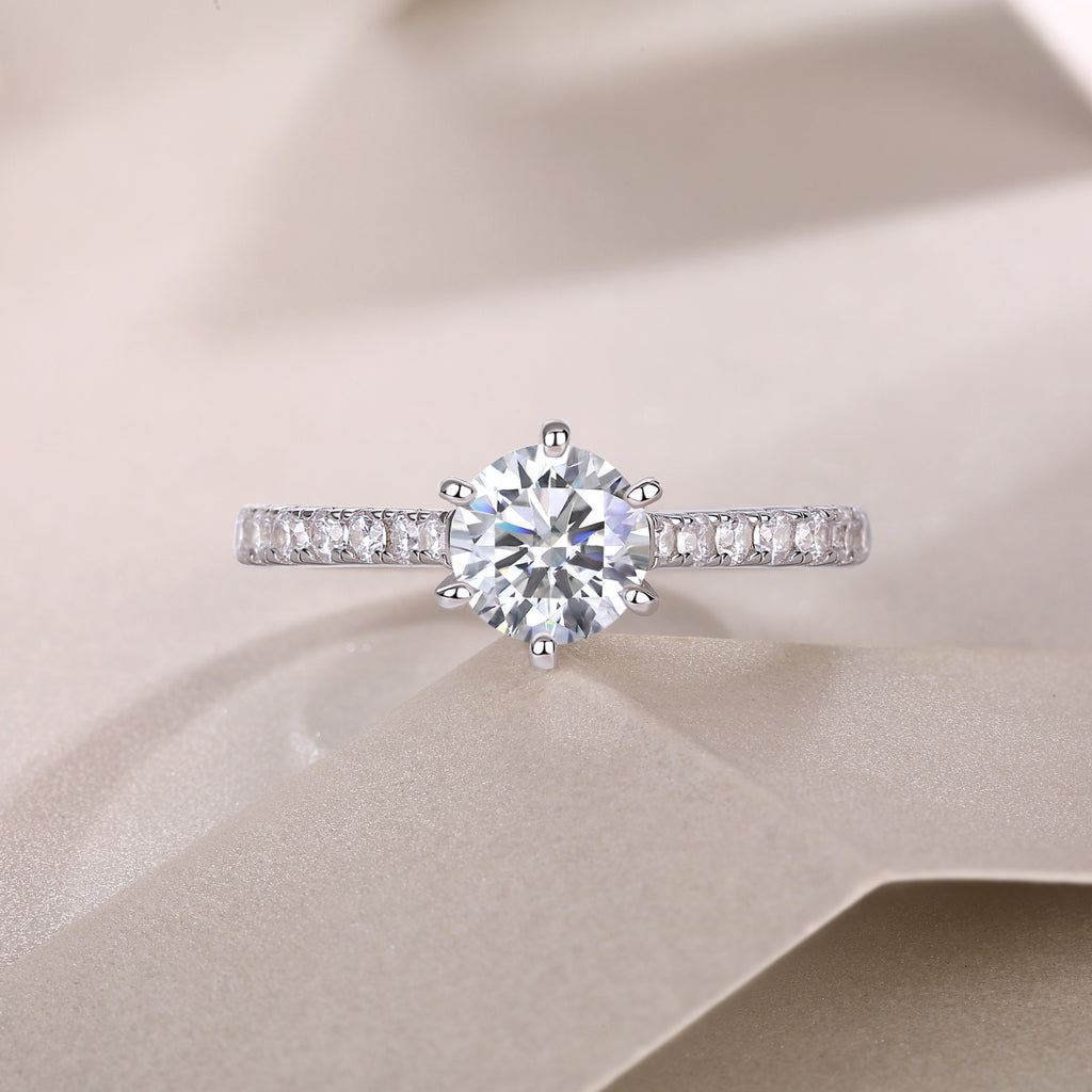 Surrounded By Stars - A Wedding Ring Set With 1-carat Top-quality Moissanite S925 Silver And Platinum-plated Diamond. The Ring Can Be Inspected With A Diamond Pen