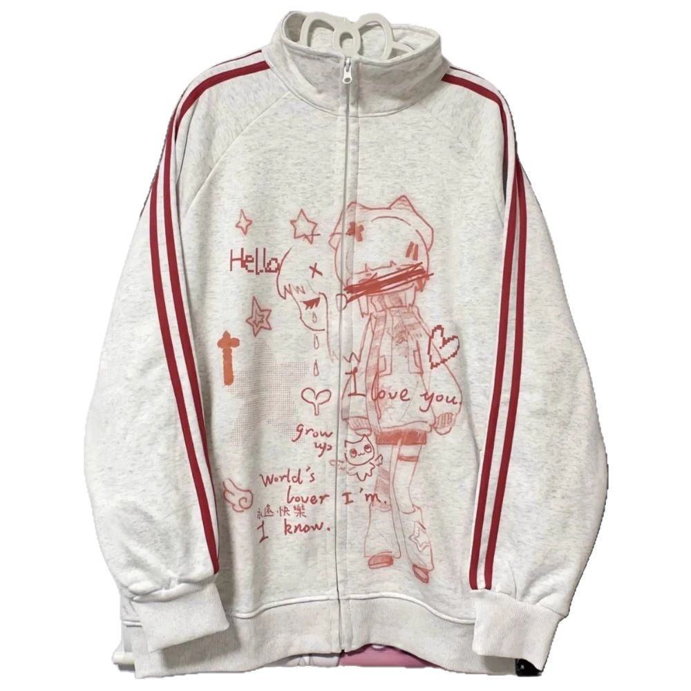 Striped Anime-Print Zip-Up Hoodie With Long Sleeves And A Hood