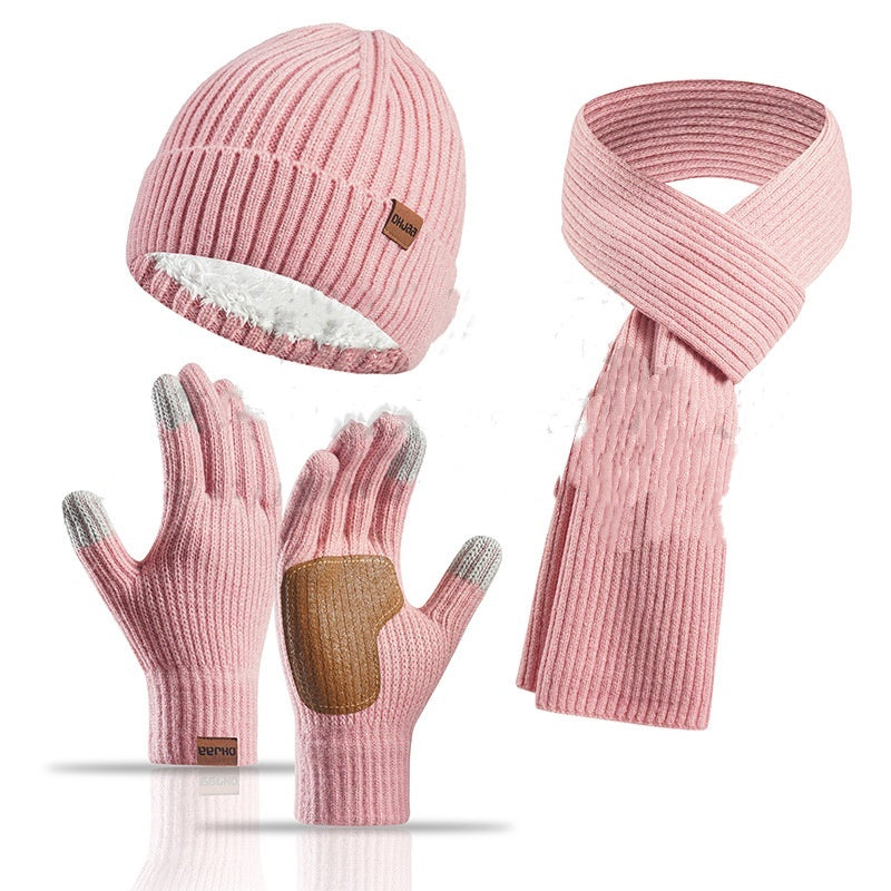 Winter Women's Wool Hat Scarf Gloves Plus Leather Non-slip Three-piece Set