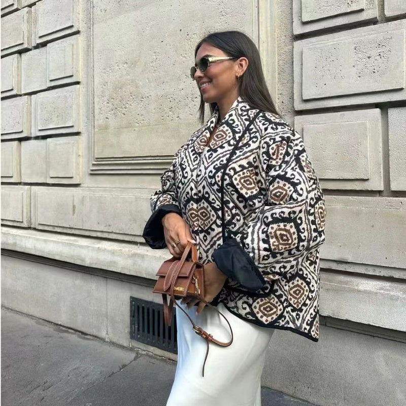 Fashion Printed Fake Two Pieces Contrast Color Small Stand Collar Cotton-padded Coat