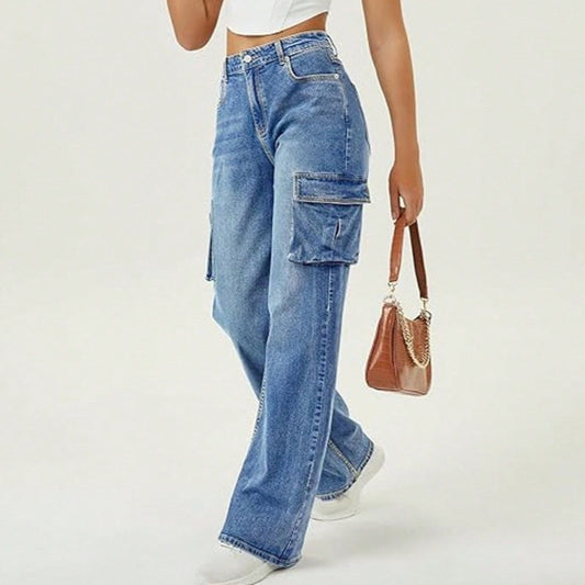 Stylish, Niche Design Straight-leg Denim Jeans With A Flap And Oversized Pockets