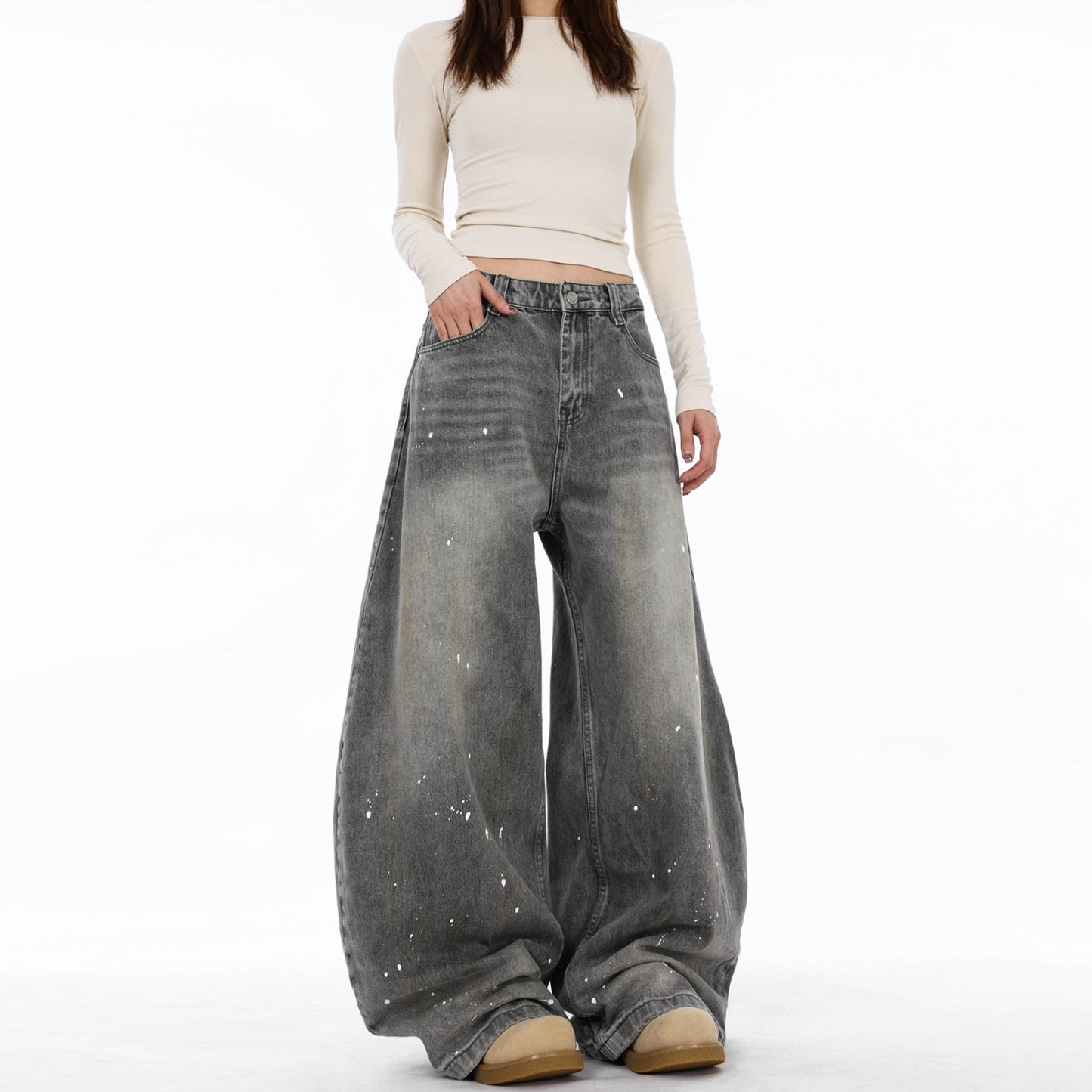 Retro Washed Distressed Splash-ink Machete Jeans For Women