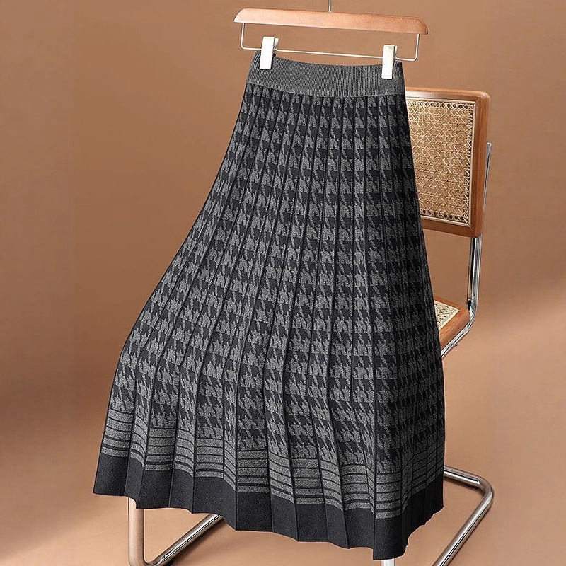 Houndstooth Knit Skirt For Women FallWinter High-Waisted