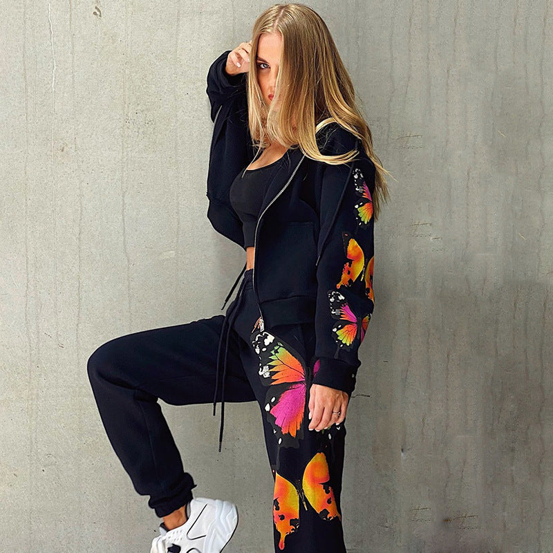 Butterfly Print Long-Sleeved Hooded Zipper Casual Sweater Suit