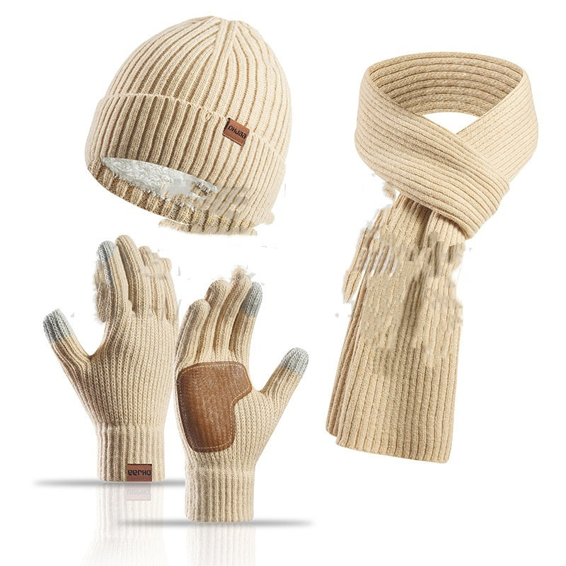 Winter Women's Wool Hat Scarf Gloves Plus Leather Non-slip Three-piece Set
